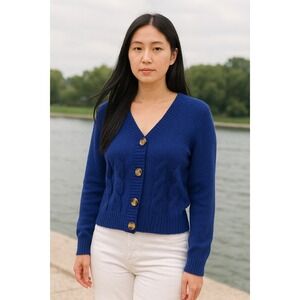 Cotton Emporium Cable Knit Cardigan Sweater Womens Large V Neck Buttons Navy‎